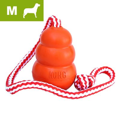 Giocattolo per cani KONG arancione con corda bianca e rossa, taglia M visibile in alto a sinistra.