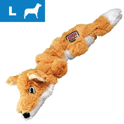 Plush fox-shaped toy with a label, shown with a large size indicator and silhouette of a dog in the top left corner.