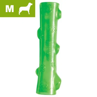 Vihreä muovinen koiranlelu, keskikoko M merkitty vasempaan yläkulmaan, lelun pinnassa pyöreitä kuvioita ja kohoumia.