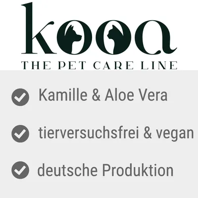 kooa THE PET CARE LINE. Kamille & Aloe Vera, tierversuchsfrei & vegan, deutsche Produktion. Texte en allemand.