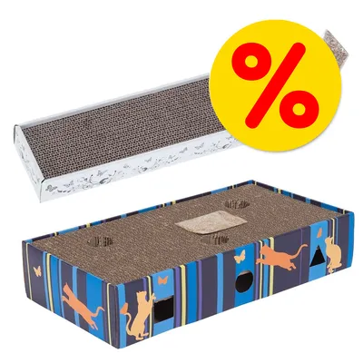 Due tiragraffi in cartone per gatti, uno rettangolare bianco con disegni neri e uno blu decorato con sagome di gatti arancioni. Simbolo percentuale giallo indica offerta.