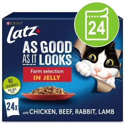Purina Latz As Good As It Looks Farm selection in jelly, 24x portions med kyckling, nötkött, kanin, lamm. Ingen färgämnen. Bild på katt och tallrik med mat.