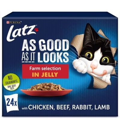 Purina Latz As Good As It Looks Farm selection in jelly, 24x portions med kyckling, nötkött, kanin, lamm. Text: No colourants, same great taste.