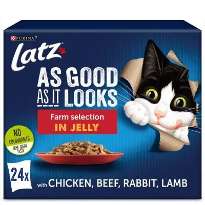 Purina Latz As Good As It Looks Farm selection in jelly, 24x portions med kyckling, nötkött, kanin, lamm. Text: No colourants, same great taste.