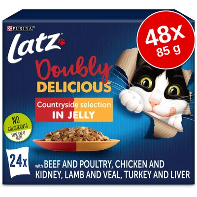 Latz Doubly Delicious Countryside selection in jelly, 48x85 g. 24x med nötkött och fågel, kyckling och njure, lamm och kalv, kalkon och lever. Ingen färgämnen. Purina.