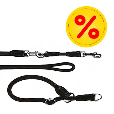 Schwarze verstellbare Leine mit Metallkarabinern und Ringen, gelbes Prozentzeichen für Rabattaktion oben rechts sichtbar. Schwarze verstellbare Leine mit Metallkarabinern und Ringen, gelbes Prozentzeichen für Rabattaktion oben rechts sichtbar.