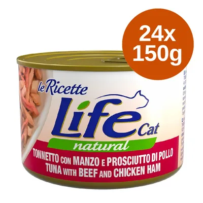 Life Cat Natural, τόνος με βοδινό και ζαμπόν κοτόπουλου, 24x150g κονσέρβα.
