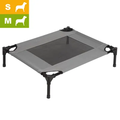 Lit surélevé pour chien, structure en métal et tissu, tailles S et M indiquées par pictogrammes chiens orange et vert en haut à gauche.