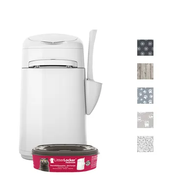 Pojemnik LitterLocker Fashion z łopatką, kaseta uzupełniająca z widocznym napisem „LitterLocker FASHION”, po prawej pięć wzorów paneli dekoracyjnych.