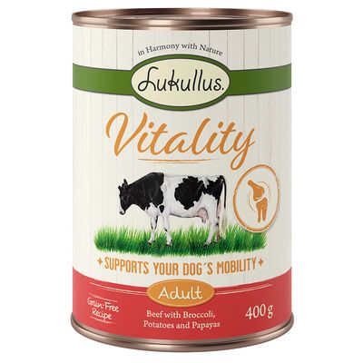 Lukullus Vitality Adult hondenvoer, 400 g. Rund met broccoli, aardappelen en papaja’s. Grain-Free Recipe. Tekst: Supports your dog’s mobility, in Harmony with Nature.