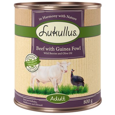 Ekonomipack: 12 x 800 g Lukullus Naturkost Adult Grain Free Nötkött & pärlhöns