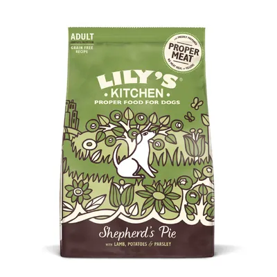 Lily's Kitchen Proper Food for Dogs, Adult, Grain Free Recipe, Shepherd's Pie with lamb, potatoes & parsley. Pack shows 'Proper Meat' badge.
