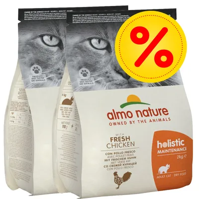 2 sacs de croquettes pour chat almo nature holistic maintenance 2 kg, avec poulet frais, mention « product not tested on animals », symbole pourcentage rouge sur fond jaune indiquant une offre.