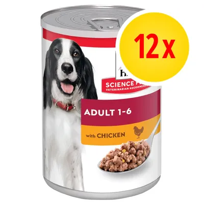 Boîte Hill's Science Plan Adult 1–6 with Chicken, lot de 12. Image d’un chien et d’une cuillère avec pâtée visible sur l’emballage.