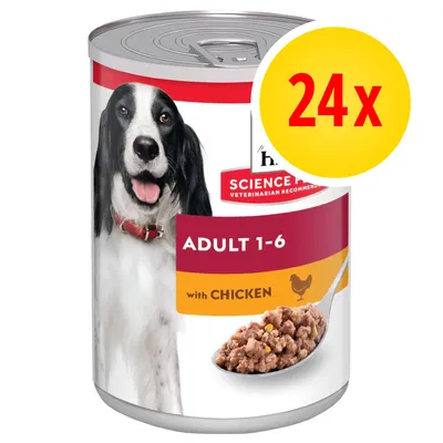 Boîte de nourriture pour chien Hill's Science Plan Adult 1–6 with Chicken, lot de 24x. Étiquette avec image de chien et pâtée à la cuillère. Boîte de nourriture pour chien Hill's Science Plan Adult 1–6 with Chicken, lot de 24x. Étiquette avec image de chien et pâtée à la cuillère.