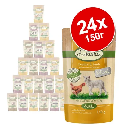 Пакетче Lukullus Poultry & lamb Mini Adult 150 г, комплект 24×150 г. Видими са изображения на кокошка и агне, текст: For small dogs up to 10 kg, Original taste, Unspeakably good.