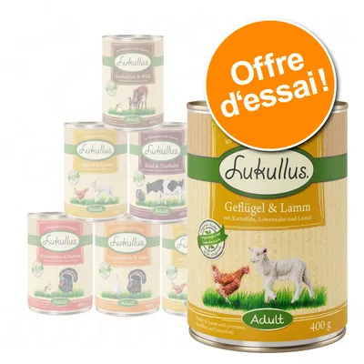 Conserves Lukullus Adult 400 g, variétés visibles : Geflügel & Lamm, Kaninchen & Wild, Rind & Truthahn, Offre d’essai indiquée sur une pastille orange. Conserves Lukullus Adult 400 g, variétés visibles : Geflügel & Lamm, Kaninchen & Wild, Rind & Truthahn, Offre d’essai indiquée sur une pastille orange.