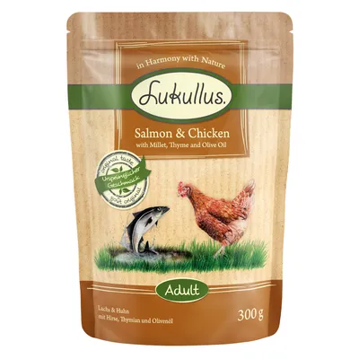 Lukullus Adult Lachs & Huhn mit Hirse, Thymian und Olivenöl. Ursprünglicher Geschmack. 300 g Packung.