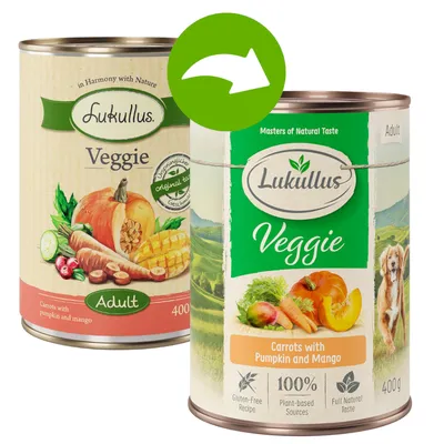 Lukullus Veggie Adult, morcovi cu dovleac și mango, rețetă fără gluten, ingrediente vegetale, gust 100% natural, conservă 400g.