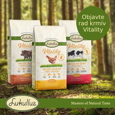 Lukullus Vitality – tri balenia krmiva pre psov, príchute: diviak, kura, hovädzie. Text: Objavte rad krmív Vitality. Wholesome food for dogs. Adult. 12 kg.