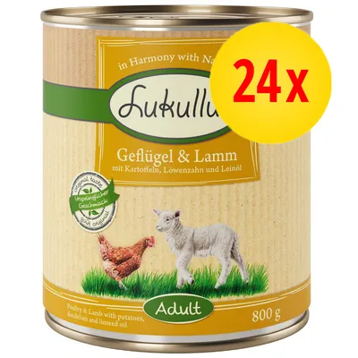 Lukullus Geflügel & Lamm Adult, 800 g dåse. Tekst: mit Kartoffeln, Löwenzahn und Leinöl. 24x markeret på gul cirkel. Billede af høne og lam på etiketten.