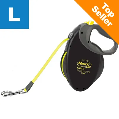 Flexi Giant Professional 10 m, storlek L, svart och gul rullkoppel med handtag. Text: Top Seller i orange hörn.