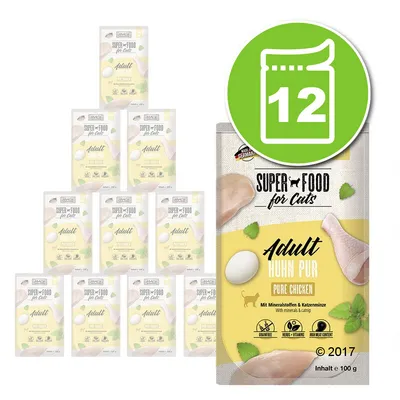Lot de 12 sachets MAC's Superfood for Cats Adult Huhn Pur Pure Chicken, 100 g chacun, avec texte visible : sans céréales, riche en viande, herbes et vitamines.