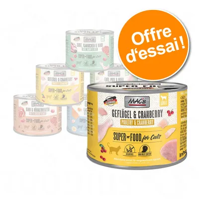 Lot de boîtes MAC's Superfood for Cats, visible : Geflügel & Cranberry, offre d’essai, sans céréales, teneur élevée en viande, Made in Germany, pour chats adultes. Lot de boîtes MAC's Superfood for Cats, visible : Geflügel & Cranberry, offre d’essai, sans céréales, teneur élevée en viande, Made in Germany, pour chats adultes.
