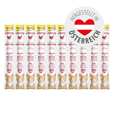 GimCat Sticks reich an Geflügel, getreide- und zuckerfreie Rezeptur, keine künstlichen Farbstoffe, hergestellt in Österreich. GimCat Sticks reich an Geflügel, getreide- und zuckerfreie Rezeptur, keine künstlichen Farbstoffe, hergestellt in Österreich.