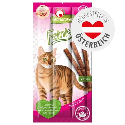 GranataPet Feinis Hähnchen, 3 Sticks, schonend luftgetrocknet mit Granatapfelkernen und Taurin, ohne Getreide, hergestellt in Österreich.