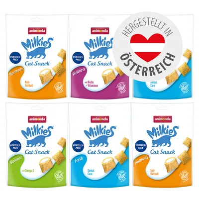animonda Milkies Cat Snack in sechs Sorten: Harmony Anti-Hairball, Wellness mit Biotin + Vitaminen, Dental Care, Balance mit Omega-3, Fresh Dental Care. Hergestellt in Österreich.