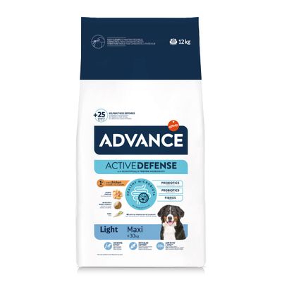 Advance Active Defense Maxi Light dog food, 12 kg, with Healthy Microbiota and scientifically proven ingredients.