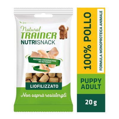 Natural Trainer Nutrisnack, 100% pollo, liofilizzato. Con ingredienti naturali, senza coloranti, conservanti o zuccheri aggiunti. Per cuccioli e cani adulti.