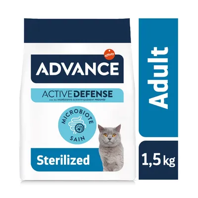 Advance Active Defense Sterilized pour chat adulte, 1,5 kg. Texte visible : Microbiote sain, avec des ingrédients scientifiquement prouvés. Image d’un chat gris sur l’emballage. Advance Active Defense Sterilized pour chat adulte, 1,5 kg. Texte visible : Microbiote sain, avec des ingrédients scientifiquement prouvés. Image d’un chat gris sur l’emballage.