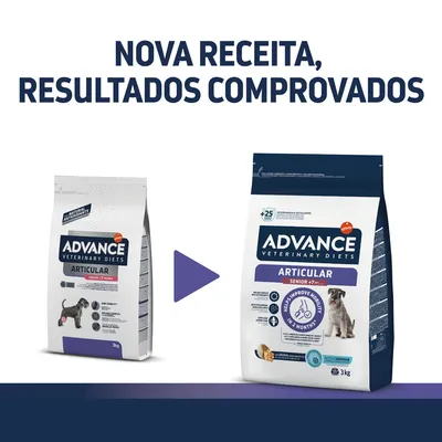 Duas embalagens de ração Advance Veterinary Diets Articular Senior 3 kg, com texto visível: 'Nova receita, resultados comprovados'. Mudança de design da embalagem apresentada.