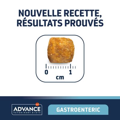 Nouvelle recette, résultats prouvés. Croquette Advance Veterinary Diets Gastroenteric, taille environ 1 cm.