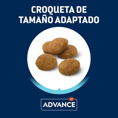 Croqueta de tamaño adaptado. Imagen de croquetas Advance affinity sobre fondo blanco y azul.