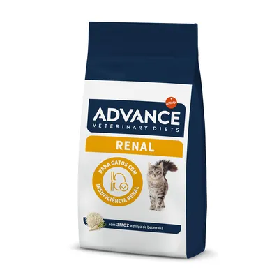 Saco de ração Advance Veterinary Diets Renal para gatos com insuficiência renal, com arroz e polpa de beterraba. Imagem de um gato na embalagem. Saco de ração Advance Veterinary Diets Renal para gatos com insuficiência renal, com arroz e polpa de beterraba. Imagem de um gato na embalagem.