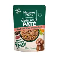 Natures Menu delicious paté, beef with tripe and vegetables. Bowl-lickingly tasty. No added colourants or preservatives. With natural ingredients. New look.