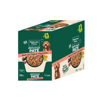 Natures Menu delicious pâté, beef with tripe and vegetables, 8 x 300g packs. No added colours or preservatives. With natural ingredients. Bowl-lickingly tasty.