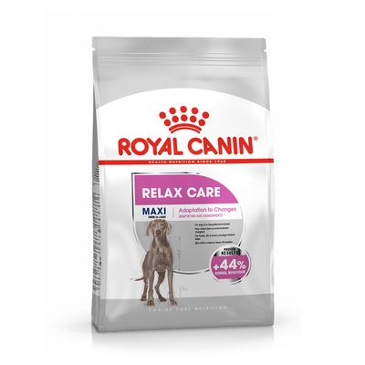 Royal Canin Relax Care Maxi, adaptation to changes, proven results plus 44 percent normal behaviour, visible on product packaging.