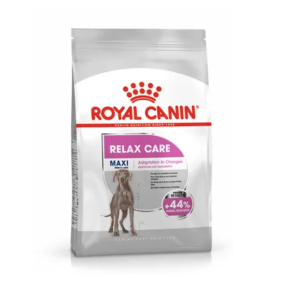 Royal Canin Relax Care Maxi, adaptation to changes, proven results plus 44 percent normal behaviour, visible on product packaging.