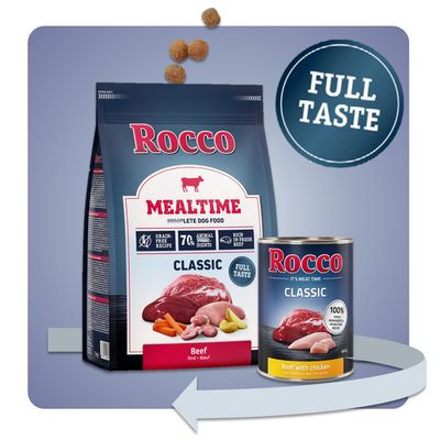 Rocco Mealtime Classic torrfoder Beef och Rocco Classic våtfoder Beef with Chicken. Spannmålsfritt, 70 % animaliska ingredienser, rikt på färskt nötkött.