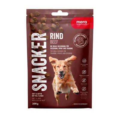 Confezione di snack per cani mera SNACKER RIND BEEF, 200 g, 72% proteine animali, senza zuccheri aggiunti, senza cereali, senza coloranti artificiali, prodotto in Germania. Confezione di snack per cani mera SNACKER RIND BEEF, 200 g, 72% proteine animali, senza zuccheri aggiunti, senza cereali, senza coloranti artificiali, prodotto in Germania.