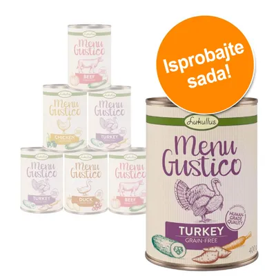 Lukullus Menu Gustico konzerve: Turkey, Beef, Chicken, Duck. Narančasti krug s tekstom: Isprobajte sada!