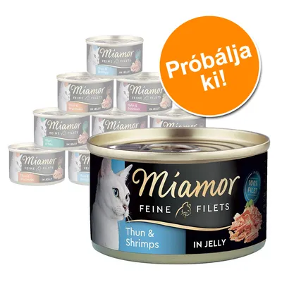 Miamor Feine Filets macskaeledel konzerv, Thun & Shrimps ízben, elöl egy doboz, mögötte többféle változat, narancssárga kör: Próbálja ki!