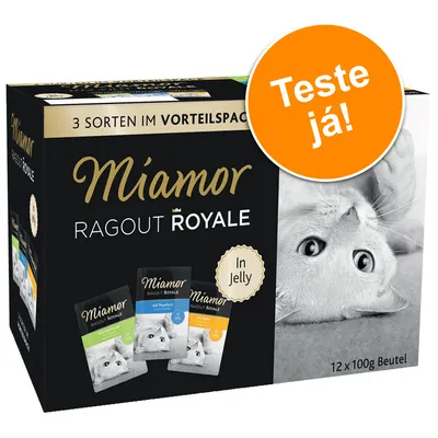 Embalagem Miamor Ragout Royale In Jelly, 12 x 100 g, com três variedades. Texto visível: 'Teste já!'. Rótulo em alemão: '3 Sorten im Vorteilspack'.
