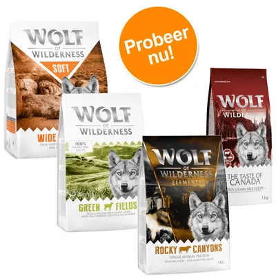 Vier zakken Wolf of Wilderness hondenvoer: Soft Wide Acres, Green Fields, Rocky Canyons en The Taste of Canada. Oranje cirkel met tekst 'Probeer nu!'.