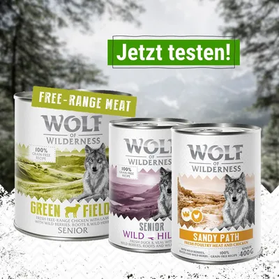 Três latas Wolf of Wilderness Senior: Green Fields, Wild Hills e Sandy Path. Textos visíveis: '100% grain-free recipe', 'Free-range meat', '400g'. Texto promocional em alemão: 'Jetzt testen!'.