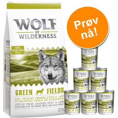 Wolf of Wilderness 12 kg tørrfòr + 6 x 400 g våtfòr Adult Green Fields - Lam